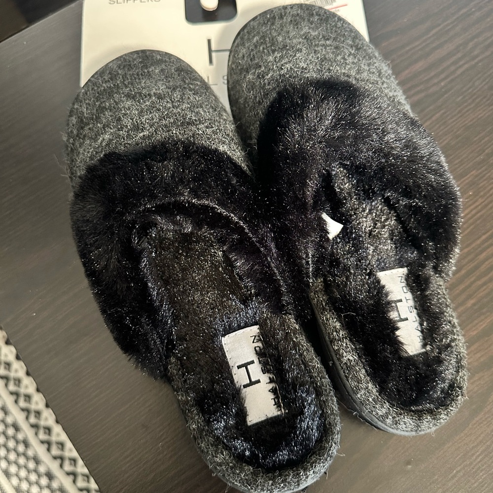 Halston Gray and Black Fuzzy Slippers